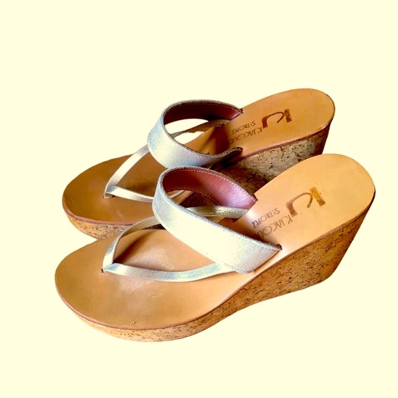 K Jacques St. Tropez Dorit Sandals Wedge Heel in a Neutral Metallic champagne - Picture 4 of 16